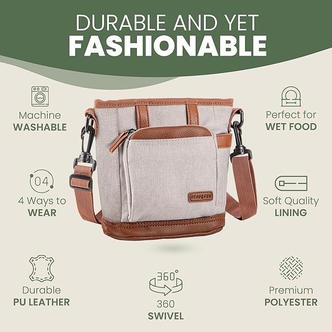 BEAU&FUR Large Dog Treat Pouch with Clicker for Training – 4 Cup Capacity, Built-In Poop Bag Dispenser, Expandable Pocket, Metal Buckle, Large Back Pocket, Ideal Design for Walks and Training – Cream