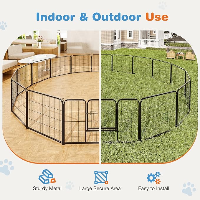 FansaFurn Metal Dog Playpen with Door, 32" Indoor/Outdoor Pet Exercise Pen - 16-Panel Heavy-Duty Pen for Large Dogs, Puppies, Rabbits - Yard, Garden, Camping Use