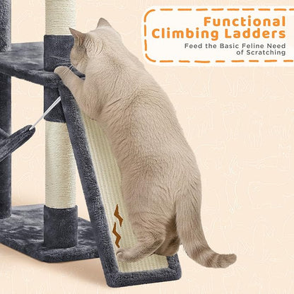 Yaheetech Cat Tree, 82.5in Large Tower w/Hammock, 2 Kitty-Ear Perches, 2 Cozy Condos, Scratching Posts, Basket, Furniture for Large Cats, Kittens, Dark Gray
