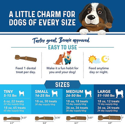 Bernie's Charming Chompers - Daily Dental Chews for Dogs 26-50 Lbs. - 36 Count - Cleans Teeth, Freshens Breath, + Boosts Oral-Gut Microbiome. Easy to Digest, Supports Healthy Digestion Naturally