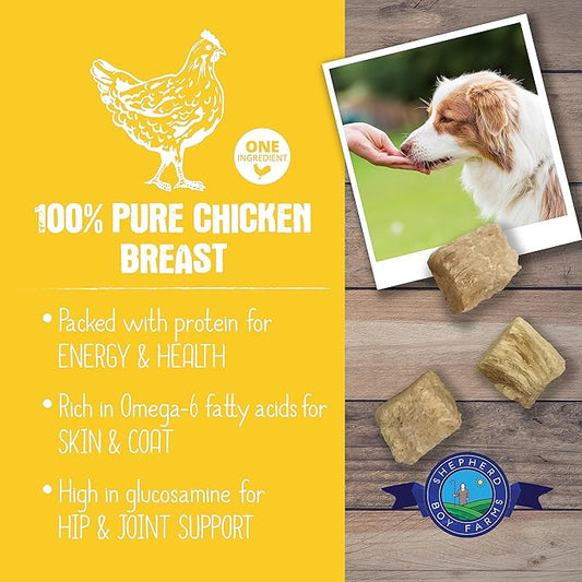 Shepherd Boy Farms Freeze Dried Dog and Cat Treats, Chicken Breast, All Natural Freeze-Dried Dog Treat & Snacks, Made in USA, High in Protein, Nutrition of Raw Food, Single Ingredient, 8oz