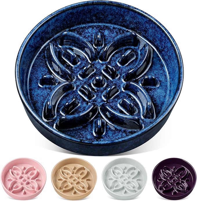 vancasso Ceramic Slow Feeder Dog Bowls, Puzzle Dog Food Bowls with Floral Maze, Anti -Slip Pet Food Dish for Large Breed, 3 Cups, Blue