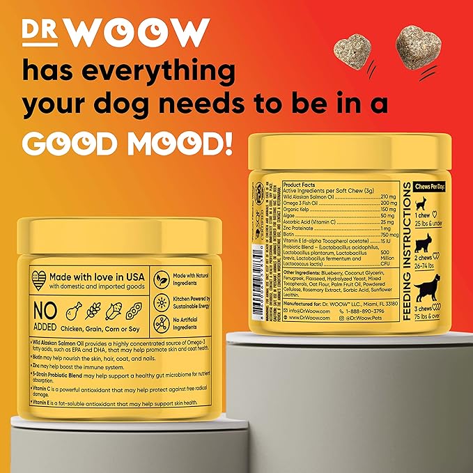 Omega Wild Alaskan Salmon Fish Oil 90 ct Soft Chews for Dog - Anti Itch & Coat + Allergy Support, with Kelp, Biotin, Vitamins, Zinc - Helps Itchy Skin, Dog allergies, May Reduce Shedding