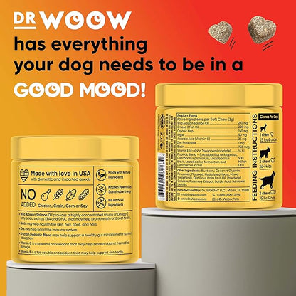 Omega Wild Alaskan Salmon Fish Oil 90 ct Soft Chews for Dog - Anti Itch & Coat + Allergy Support, with Kelp, Biotin, Vitamins, Zinc - Helps Itchy Skin, Dog allergies, May Reduce Shedding