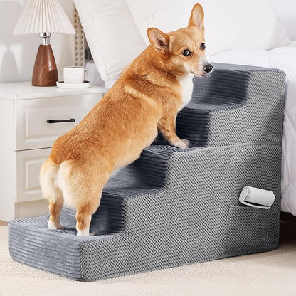 HYLEORY Dog Stairs for Bed 22.5''H, 5-Step Pet Stairs for Small Dogs Cats, Sturdy Pet Steps with Non-Slip Bottom, Functional Portable Dog Ramp for Couch/Chair/Sofa/Car, Storage Pocket, Grey-Light Grey