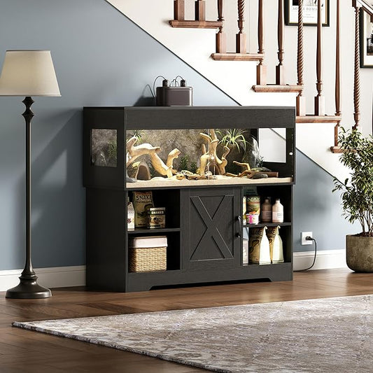 Herture 60 Gallon Reptile Tank with Stand, Terrarium Tank with Storage Cabinet, for Lizards, Skinks, Snakes, Sliding Acrylic Doors, Mesh Top, Built-in Power Outlet Black PX02RTB