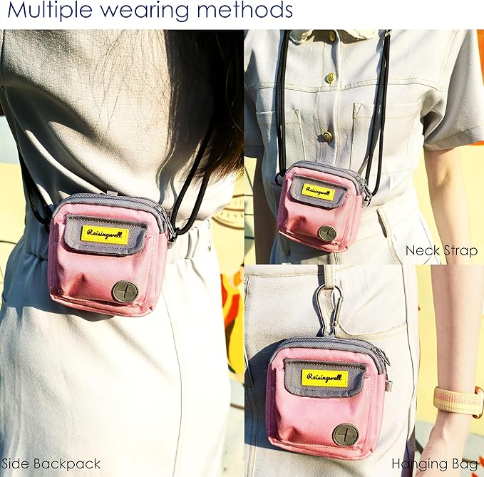 Dog Treat Pouch for Pet Walking and Training with Clicker Poop Bags and Three Bags Design Small Fanny Zipper Pack Holder for Puppy Snack Dispenser Kit for Leash and Outdoor Use (Pink)