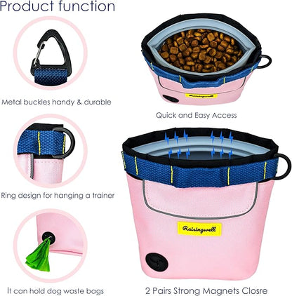 Dog Treat Pouch for Pet Walking and Training with Clicker 2 Cup Silicone Bag Small Fanny Pack Holder for Puppy Snack Dispenser Kit for Leash and Outdoor Use (Pink)