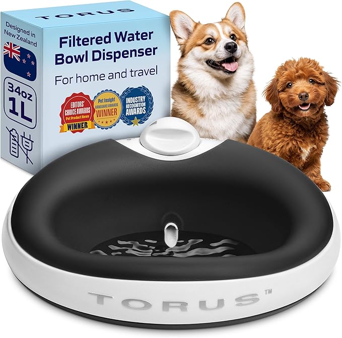 TORUS Filtered Portable Dog Water Dispenser [Upgraded 2025], 1L / 34oz, Automatic Pet Water Dispenser, No Spill, Noise-Free Dog Water Bowl Dispenser, No Power, Ideal for Small Pups and Purrfect Cats