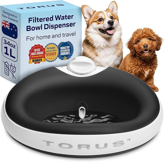 TORUS Filtered Portable Dog Water Dispenser [Upgraded 2025], 1L / 34oz, Automatic Pet Water Dispenser, No Spill, Noise-Free Dog Water Bowl Dispenser, No Power, Ideal for Small Pups and Purrfect Cats