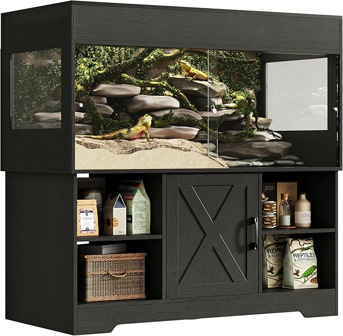 Herture 120 Gallon Reptile Tank with Stand, 4x2x2 Terrarium Enclosure for Bearded Dragons, Snakes, Lizards – Sliding Acrylic Doors, Mesh Top, Storage Cabinet, Built-in Power Outlet Black PX01RTB