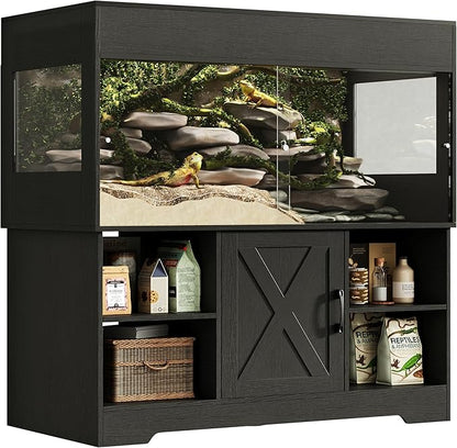 Herture 120 Gallon Reptile Tank with Stand, 4x2x2 Terrarium Enclosure for Bearded Dragons, Snakes, Lizards – Sliding Acrylic Doors, Mesh Top, Storage Cabinet, Built-in Power Outlet Black PX01RTB