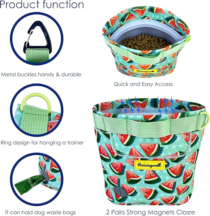 Dog Treat Pouch for Pet Walking and Training with Clicker 2 Cup Silicone Bag Small Fanny Pack Holder for Puppy Snack Dispenser Kit for Leash and Outdoor Use (Watermelon)