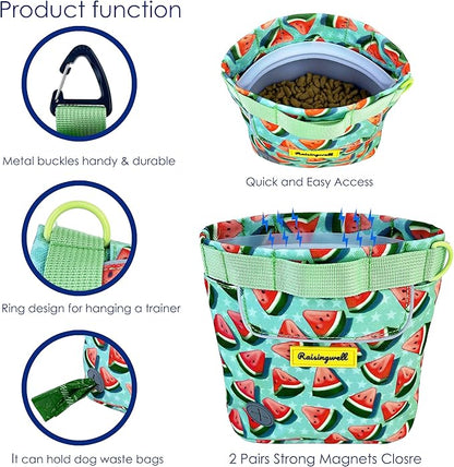 Dog Treat Pouch for Pet Walking and Training with Clicker 2 Cup Silicone Bag Small Fanny Pack Holder for Puppy Snack Dispenser Kit for Leash and Outdoor Use (Watermelon)