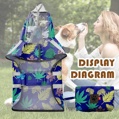 Dog Raincoat, Adjustable Rain Jacket with Hooded Double Layer for Large Medium Small Dogs Puppies, Lightweight Waterproof Rain Coat Poncho with Reflective Stripe Leaf Blue,M