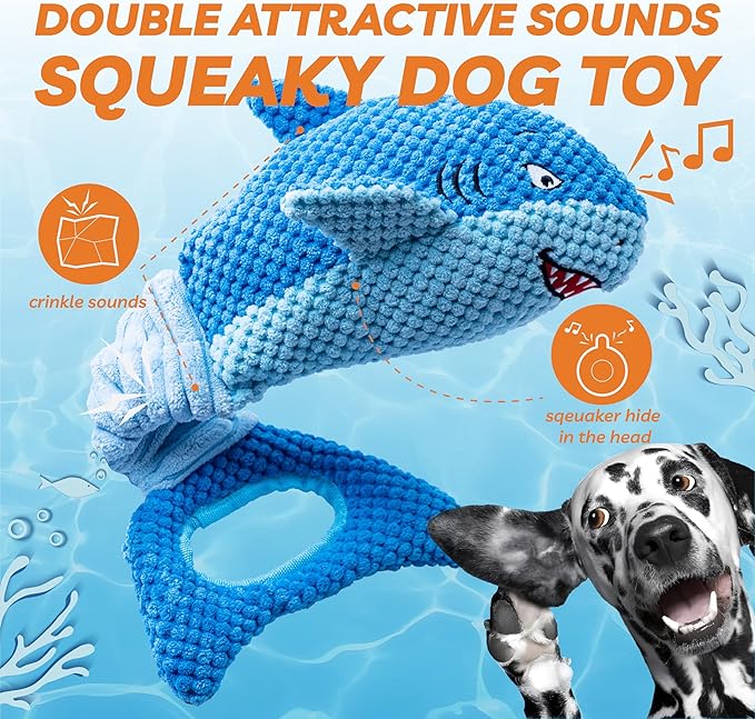 Dog Toys for Large Dogs, Squeaky Dog Toys for Aggressive Chewers, Plush Dog Chew Toys for Teething, Interactive Shark Dog Toys to Keep Them Busy Tug Of War Puppy Toys for Small,Medium,Large Breeds