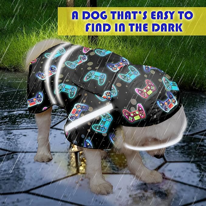 Dog Raincoat, Adjustable Rain Jacket with Hooded Double Layer for Large Medium Small Dogs Puppies, Lightweight Waterproof Rain Coat Poncho with Reflective Stripe Game Controller Black,XXL