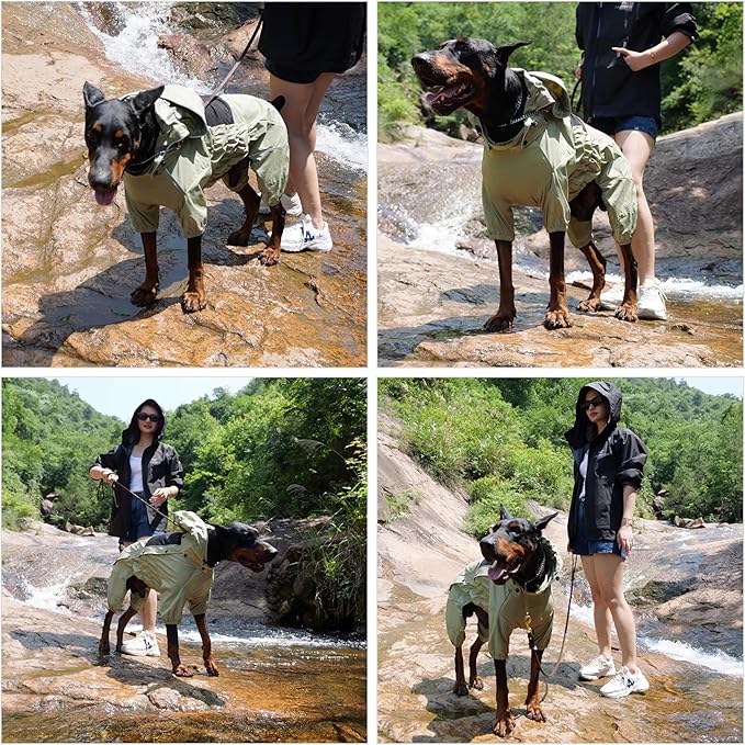 LOVELONGLONG Waterproof Dog Raincoat with Removable Hood – Outdoor Full Body Dog Jacket, Windproof Snowproof Shell Suit – All Season Pet Rain Gear Sage Green XL