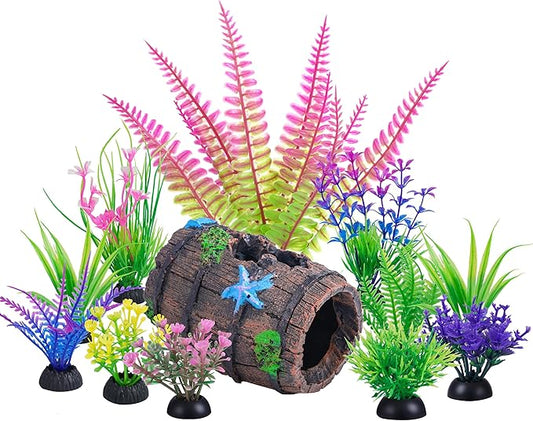 Ameliade Aquarium Plastic Plants Decorations and Fish Tank Broken Barrel Hideout Cave Decor Set Goldfish Betta Small Fish Bowl Ornaments Accessories 12 PCS