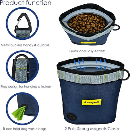 Dog Treat Pouch for Pet Walking and Training with Clicker 2 Cup Silicone Bag Small Fanny Pack Holder for Puppy Snack Dispenser Kit for Leash and Outdoor Use (Blue)