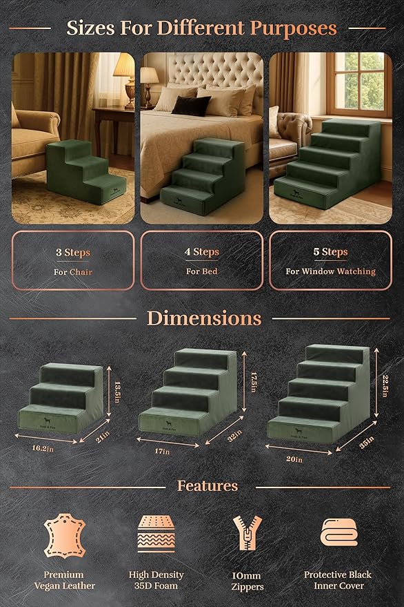 Noah & Paw Dog Stairs, Dog Ramp for Bed (17" Extra Wide) Pet Stairs for High Bed, Design to Fit Small and Large Breeds, Durable 4 Pet Steps for Couch (35 Foam Density) Leather Collection