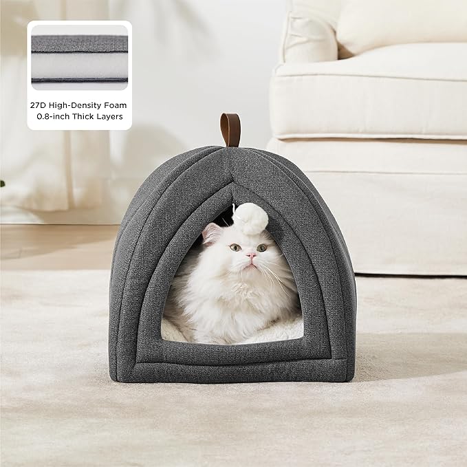 Bedsure Cat Beds for Indoor - 2 in 1 Cat Cave House Tent for Kittens and Small Pets with Removable Washable Cushioned Pillow, Foldable Kitten Hideaway with Non-Slip Bottom, Dark Grey, 16 inches