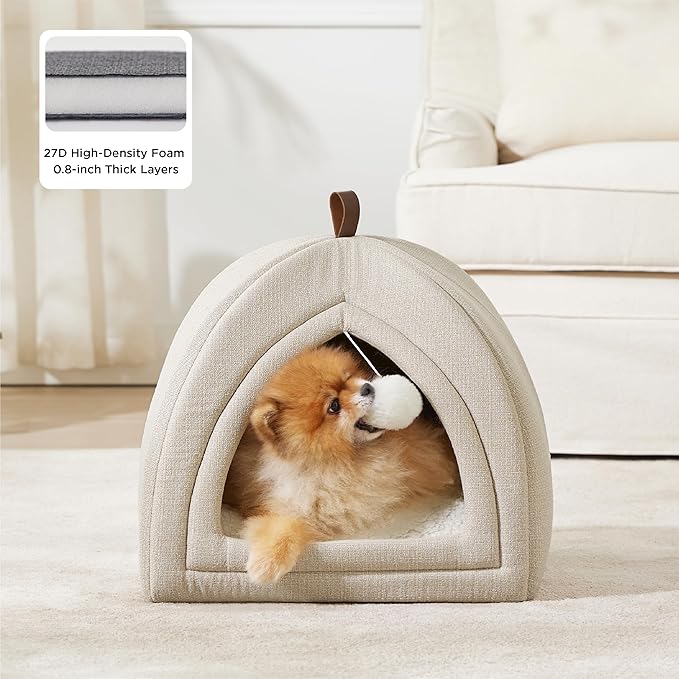 Bedsure Cat Beds for Indoor - 2 in 1 Cat Cave House Tent for Kittens and Small Pets with Removable Washable Cushioned Pillow, Foldable Kitten Hideaway with Non-Slip Bottom, Beige, 17.3 inches