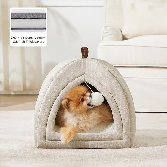 Bedsure Cat Beds for Indoor - 2 in 1 Cat Cave House Tent for Kittens and Small Pets with Removable Washable Cushioned Pillow, Foldable Kitten Hideaway with Non-Slip Bottom, Beige, 17.3 inches