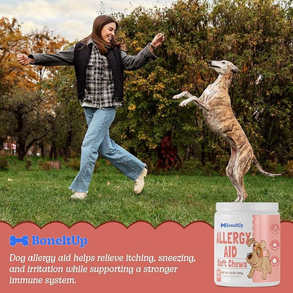 BoneItUp Soft Dog Allergy Chews for Itching, Sneezing, Paw Licking, Seasonal Allergies - Essential Omega-3, Turmeric & Quercetin for Dogs Allergies - Daily Immune & Digestive Dog Allergy Treats (90ct)