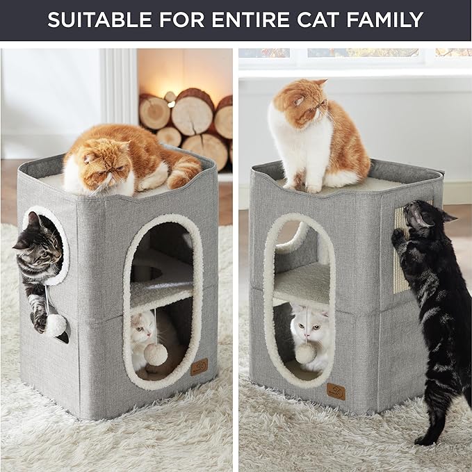 Bedsure 2 Story Cat House - Cat Condos for Indoor Cats with Scratch Pad and Fluffy Ball Hanging, Small Pet Cave Furniture Hideaway for Multi Pets, 18x14x23 inches, Grey