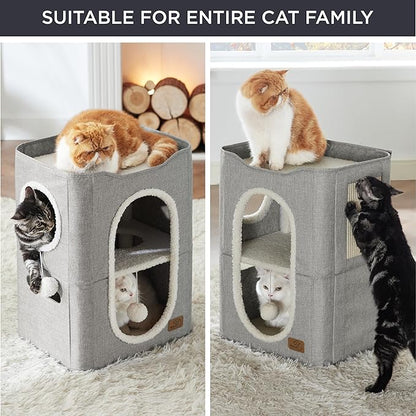 Bedsure 2 Story Cat House - Cat Condos for Indoor Cats with Scratch Pad and Fluffy Ball Hanging, Small Pet Cave Furniture Hideaway for Multi Pets, 18x14x23 inches, Grey
