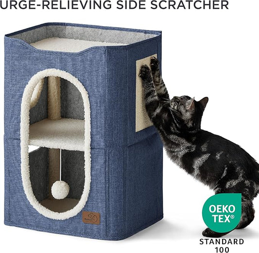 Bedsure 2 Story Cat House - Cat Condos for Indoor Cats with Scratch Pad and Fluffy Ball Hanging, Small Pet Cave Furniture Hideaway for Multi Pets, 18x14x23 inches, Blue