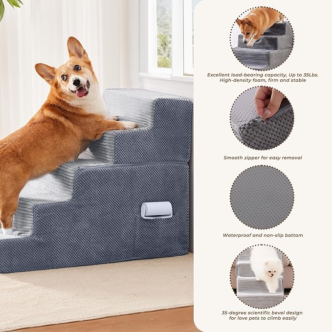 HYLEORY Dog Stairs for Bed 22.5''H, 5-Step Pet Stairs for Small Dogs Cats, Sturdy Pet Steps with Non-Slip Bottom, Functional Portable Dog Ramp for Couch/Chair/Sofa/Car, Storage Pocket, Light Grey-Grey