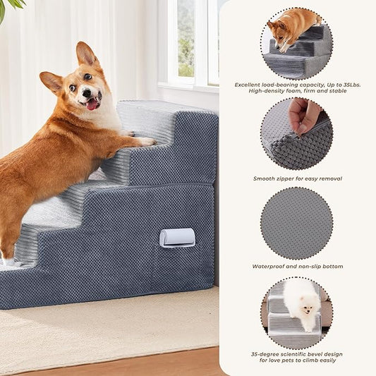HYLEORY Dog Stairs for Bed 22.5''H, 5-Step Pet Stairs for Small Dogs Cats, Sturdy Pet Steps with Non-Slip Bottom, Functional Portable Dog Ramp for Couch/Chair/Sofa/Car, Storage Pocket, Light Grey-Grey
