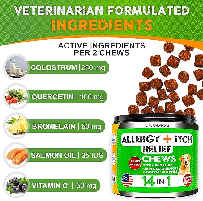 Dog Allergy Relief Chews - Dog Itch Relief - Omega 3 Fish Oil + Probiotics - Itchy Skin - Seasonal Allergies - Anti Itch Support & Hot Spots - Immune Supplement for Dogs