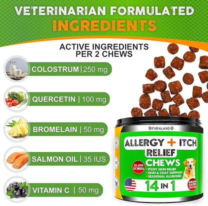 Dog Allergy Relief Chews - Dog Itch Relief - Omega 3 Fish Oil + Probiotics - Itchy Skin - Seasonal Allergies - Anti Itch Support & Hot Spots - Immune Supplement for Dogs