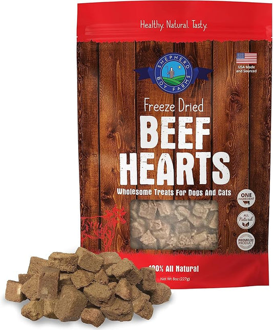Shepherd Boy Farms Freeze Dried Dog and Cat Treats, Beef Heart, All Natural Single Ingredient Freeze-Dried Dog Treat & Snacks, Made in USA, High Protein, Essential Nutrition of Raw Food, 8oz