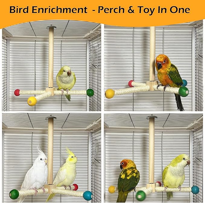 Large Bird Stand Perch Toy for Cage, Interactive Spinning Toys, Wooden Exercise Wheel Quaker Toy, Enrichment Bird Cage Accessories Perch Toys for Medium-Sized Birds Cockatiel Ring-Necked Caique (L)