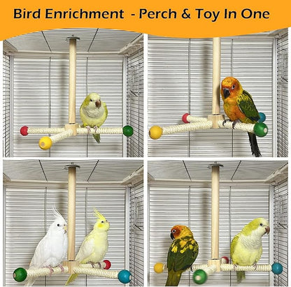 Large Bird Stand Perch Toy for Cage, Interactive Spinning Toys, Wooden Exercise Wheel Quaker Toy, Enrichment Bird Cage Accessories Perch Toys for Medium-Sized Birds Cockatiel Ring-Necked Caique (L)