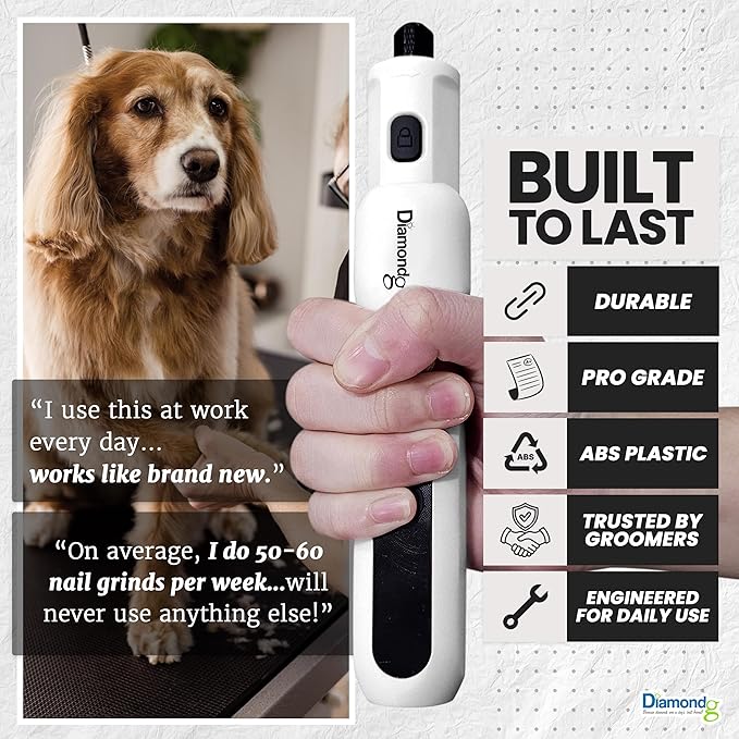 Diamondg Cordless Micro Dog Nail Grinder with Quiet Sound & LED Tip for Large & Small Dogs, 4hrs. Runtime - Electric Dog Nail Trimmer, Heavy Duty Rotary Tool Alternative to Toenail Clippers & Filers