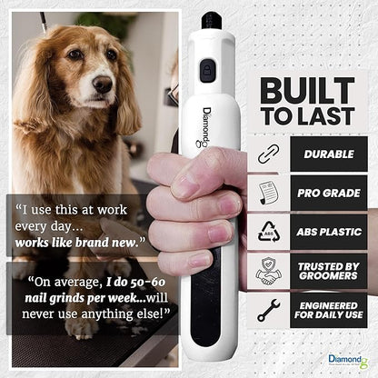 Diamondg Cordless Micro Dog Nail Grinder with Quiet Sound & LED Tip for Large & Small Dogs, 4hrs. Runtime - Electric Dog Nail Trimmer, Heavy Duty Rotary Tool Alternative to Toenail Clippers & Filers