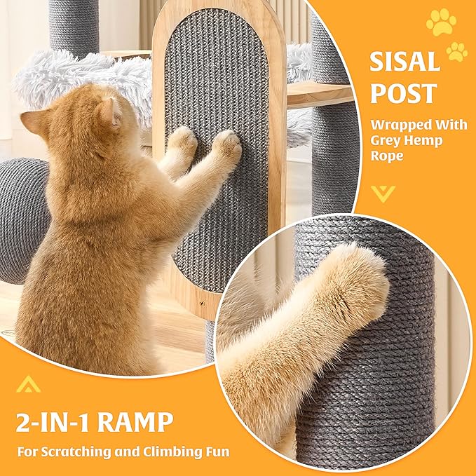 HITTITE Solid Wood Cat Tree Tower with Scratching Post, 53 Inches Tall Cat Towers with Scratching Board and Scratcher Ball, Modern Cat Tower with Space Capsule and Removable Top Bed for Indoor Cats