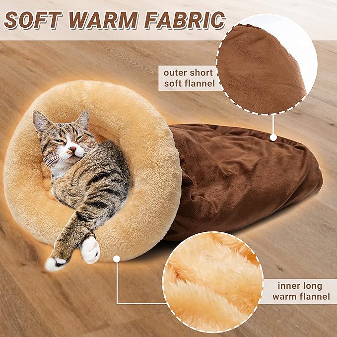 Cat Cave Bed - Fleece Warm Covered Cat Bed Indoor for Cold Weather - Self Warming Fluffy Pet Tunnel Hideout Nest for Small Medium Large Cats Sleeping Playing (Reuseable Washable)