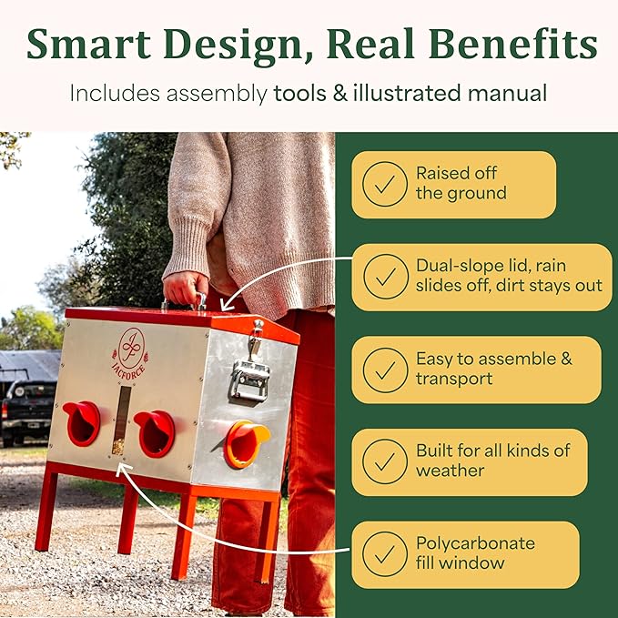 Automatic Chicken Feeder – 40lb No Waste Metal Poultry Feeder with 6 Ports, Locking Lid & Raised Legs – Stops Feed Waste & Constant Refills for Happy Chickens & Clean Coops