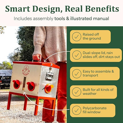 Automatic Chicken Feeder – 40lb No Waste Metal Poultry Feeder with 6 Ports, Locking Lid & Raised Legs – Stops Feed Waste & Constant Refills for Happy Chickens & Clean Coops