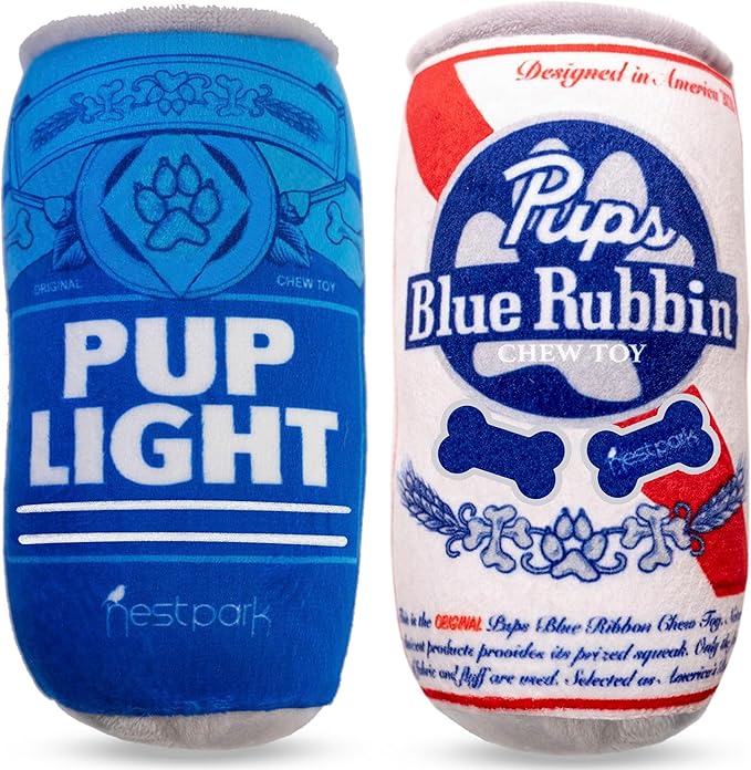 Nestpark Pup Light and Pups Blue Rubbin - Parody Beer Dog Toys - Funny Plush Squeaky and Crinkle Dog Toys Dog Gifts for Dog Birthday (2 Pack) (Mix)