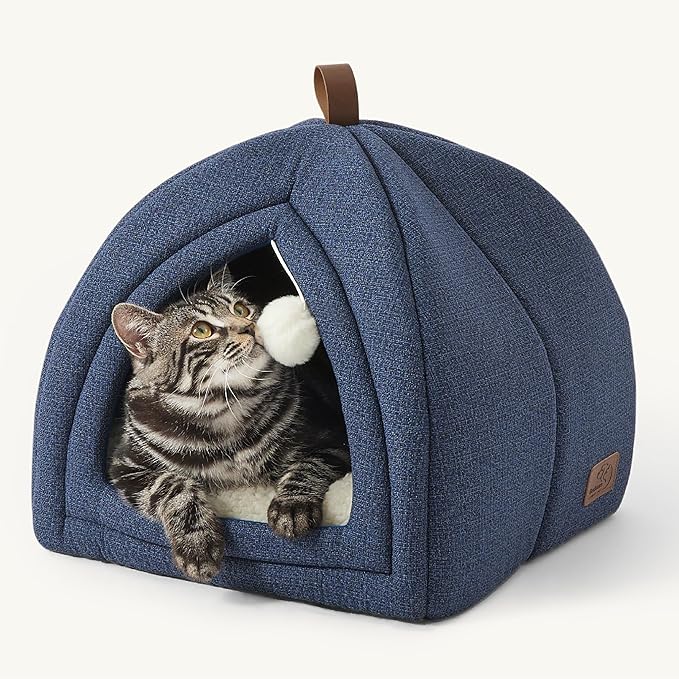 Bedsure Cat Beds for Indoor - 2 in 1 Cat Cave House Tent for Kittens and Small Pets with Removable Washable Cushioned Pillow, Foldable Kitten Hideaway with Non-Slip Bottom, Navy, 16 inches