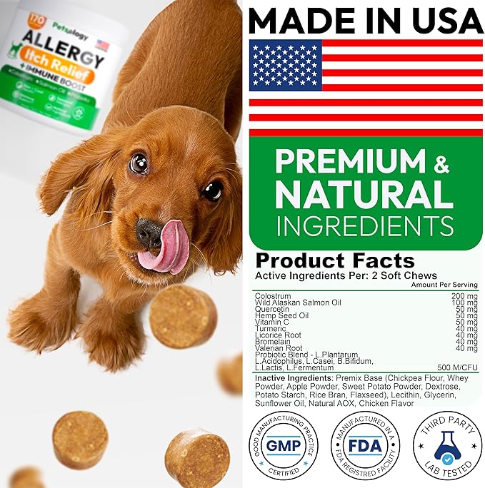 Dog Allergy Relief Chews - 170 Dog Allergy Chews - Itch Relief for Dogs - Omega 3 Fish Oil, Probiotics for Itchy Skin & Hot Spots Allergies, Paw Licking - Dry Skin & Coat Supplement - Immune Health