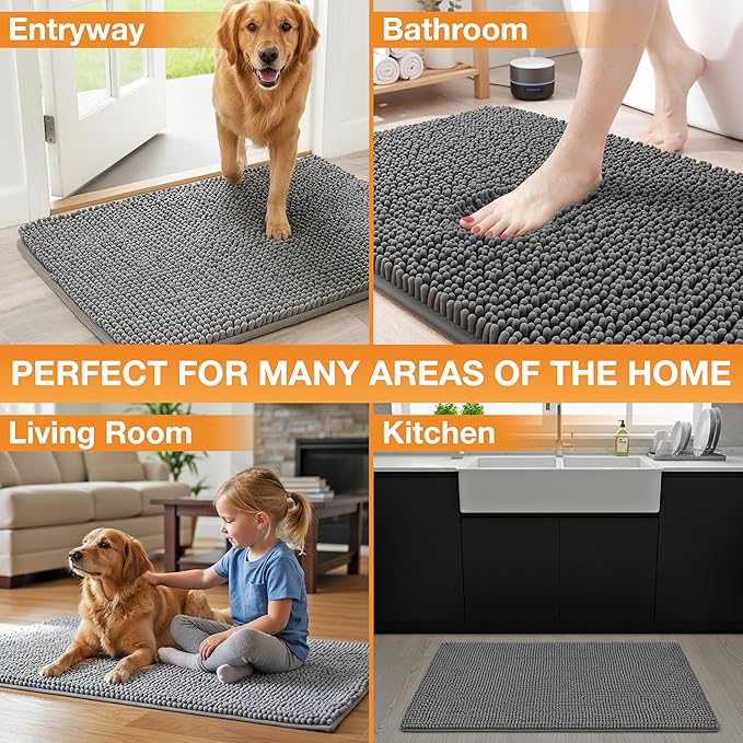 Neater Pets Chenille Dog Door Mat 24” x 17” – Super Absorbent & Quick-Dry Muddy Paws Doormat for Trapping Dirt, Water, Mud - Non-Slip & Machine Washable Pet Rugs for Entryway, Indoor Mud Mats Charcoal