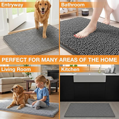Neater Pets Chenille Dog Door Mat 24” x 17” – Super Absorbent & Quick-Dry Muddy Paws Doormat for Trapping Dirt, Water, Mud - Non-Slip & Machine Washable Pet Rugs for Entryway, Indoor Mud Mats Charcoal